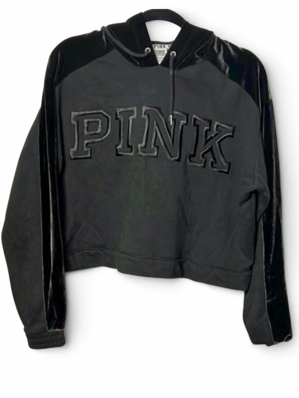 PINK Victoria's Secret Black Velvet Oversized Cropped Hoodie Size Small
